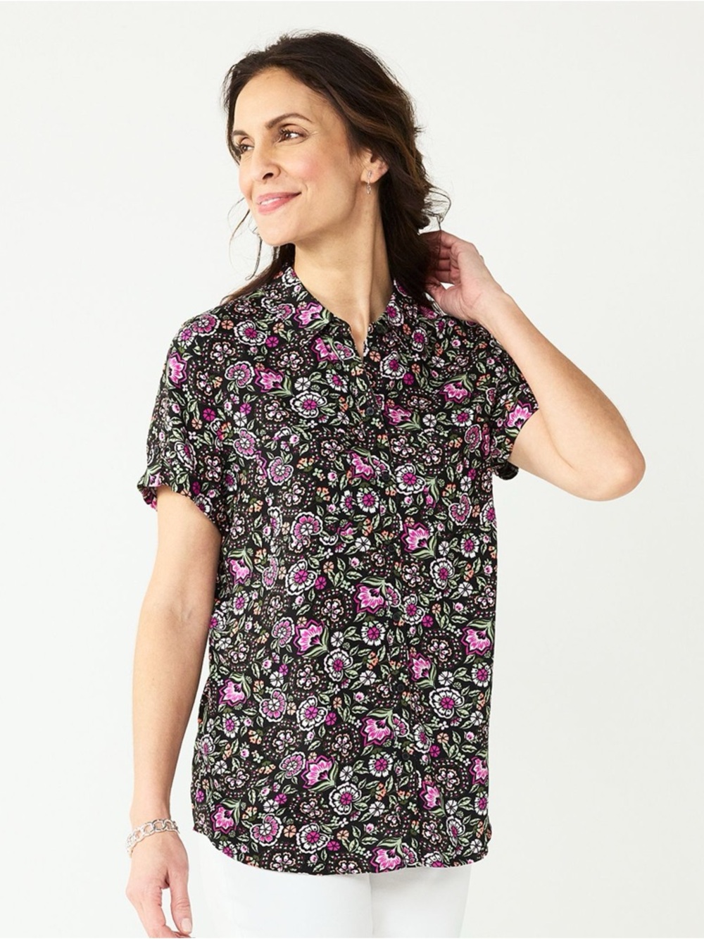 Croft & Barrow Challis Camp Shirt Black Sage Floral Women's Size Medium Spring